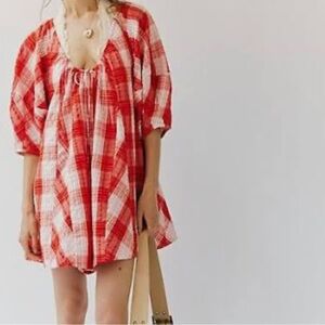 Free People Bop Around Red and White Plaid Romper